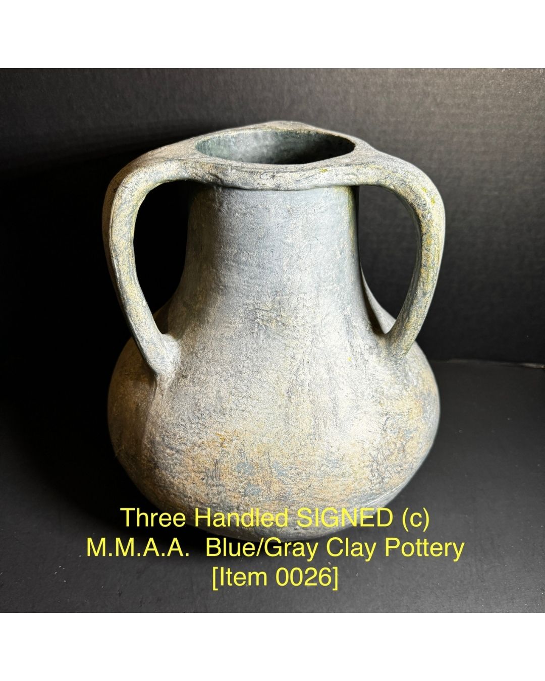 Three Handled SIGNED (c) M.M.A.A.  Blue/Gray Clay Pottery [Item 0026]