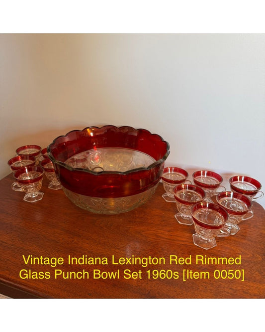 Vintage Indiana Lexington Red Rimmed Glass Punch Bowl Set 1960s [Item 0050]