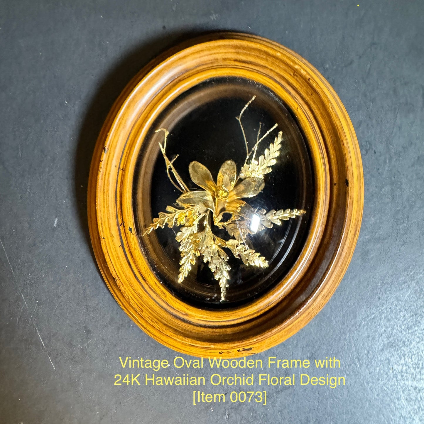 Vintage Oval Wooden Frame with 24K Hawaiian Orchid Floral Design [Item 0073]