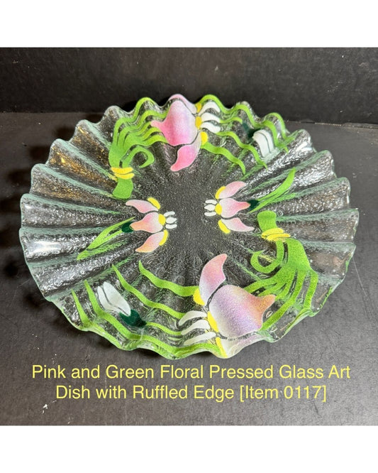 Pink and Green Floral Pressed Glass Art Dish with Ruffled Edge [Item 0117]