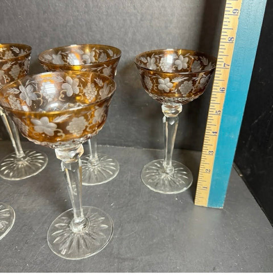 Nachtmann Traube? Set of Six  Amber Crystal Floral Wine Glasses [Item 0243]