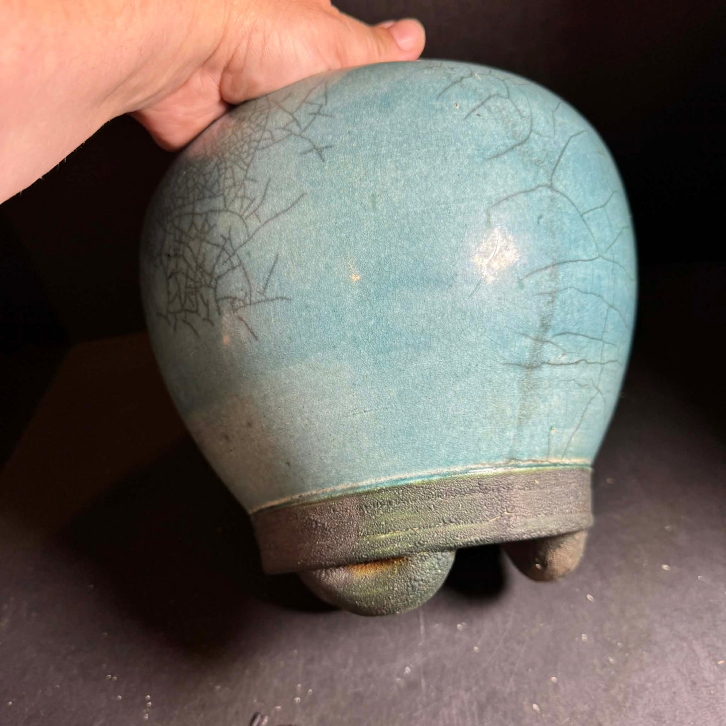 Vintage 2001  SIGNED Aqua Crackle Glaze Flower Vase [Item 0246]