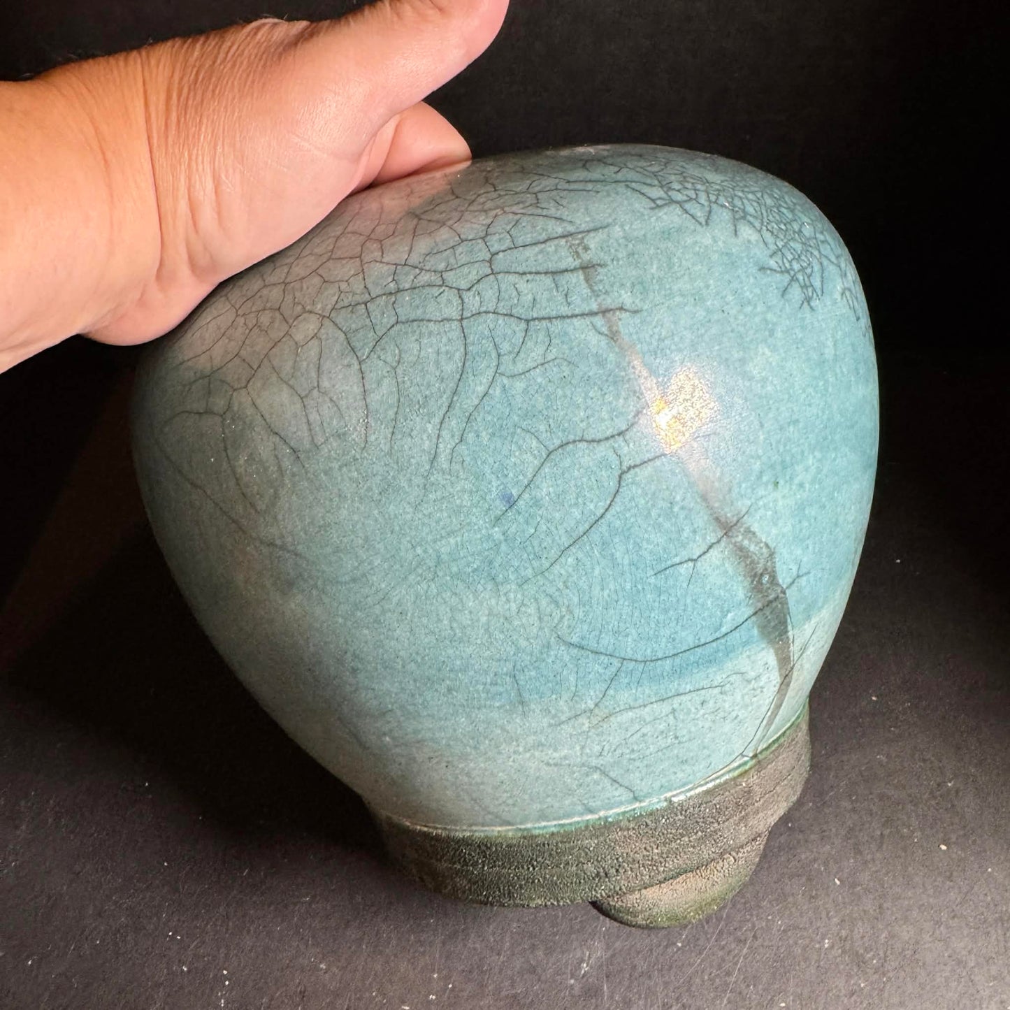 Vintage 2001  SIGNED Aqua Crackle Glaze Flower Vase [Item 0246]