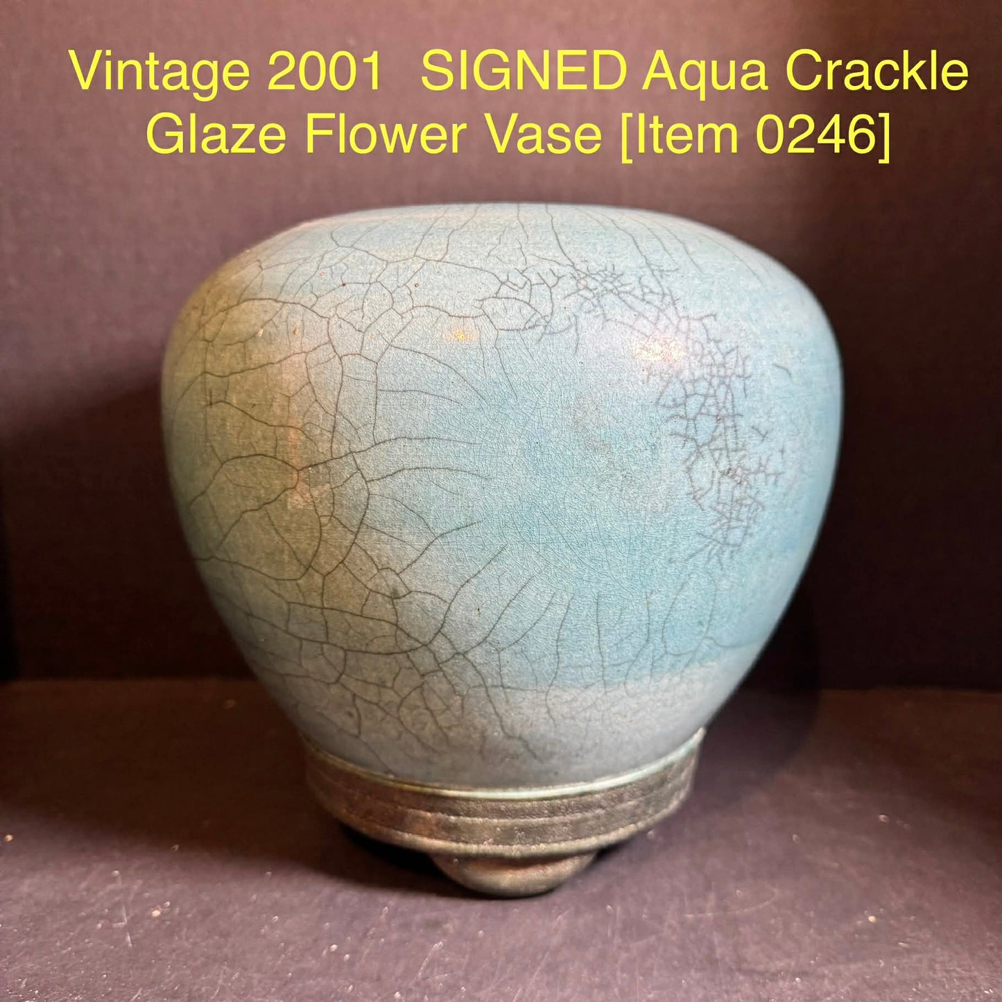 Vintage 2001  SIGNED Aqua Crackle Glaze Flower Vase [Item 0246]