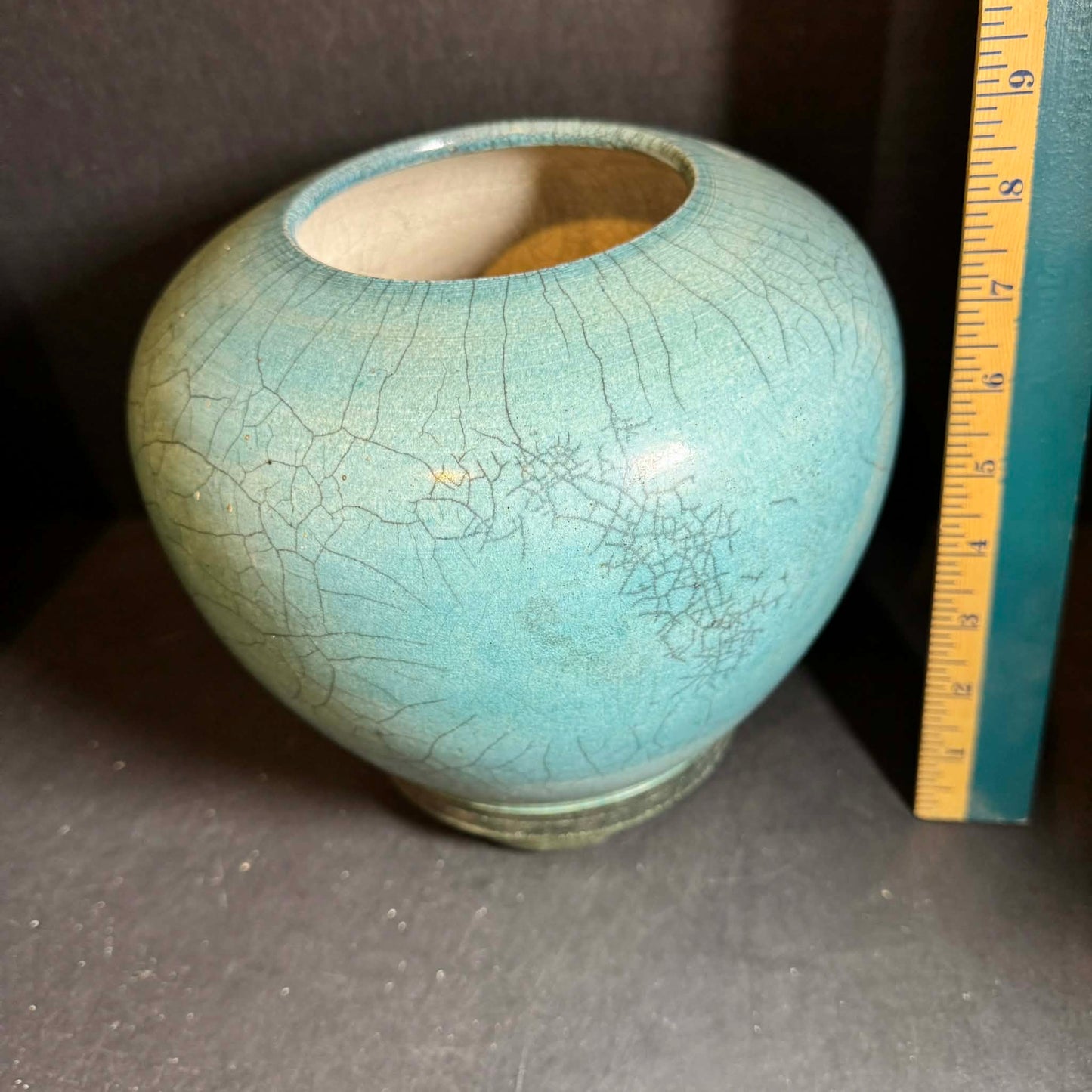 Vintage 2001  SIGNED Aqua Crackle Glaze Flower Vase [Item 0246]
