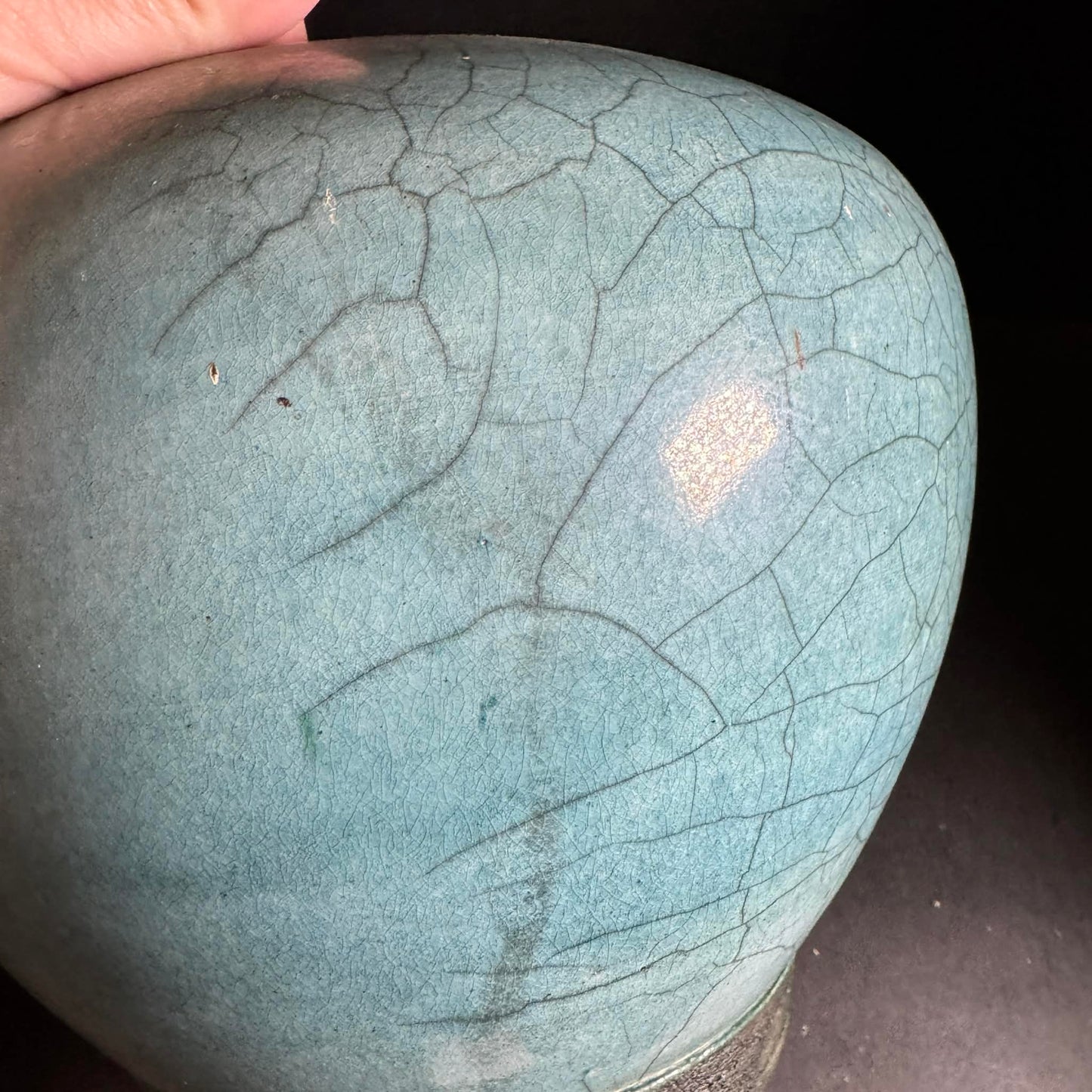 Vintage 2001  SIGNED Aqua Crackle Glaze Flower Vase [Item 0246]