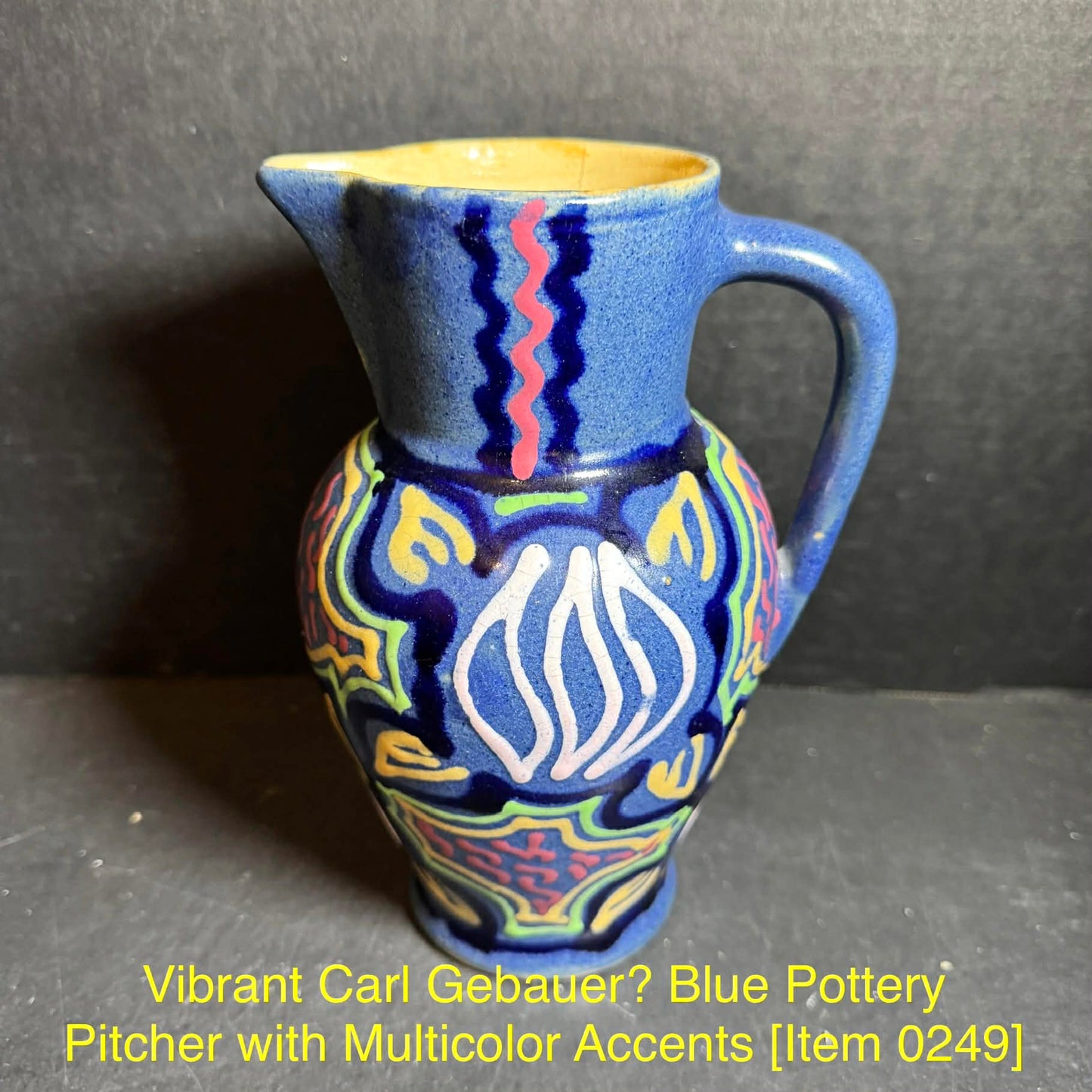 Vibrant Carl Gebauer? Blue Pottery Pitcher with Multicolor Accents [Item 0249]
