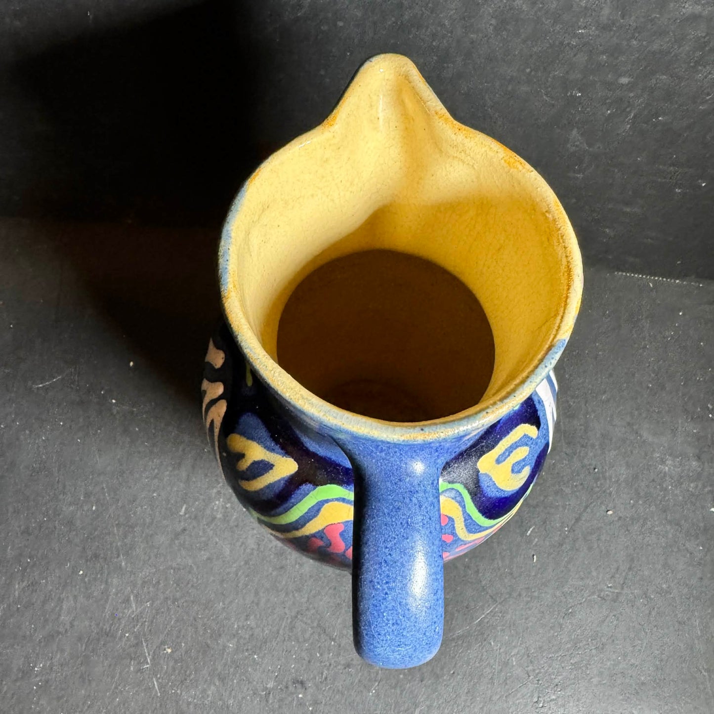 Vibrant Carl Gebauer? Blue Pottery Pitcher with Multicolor Accents [Item 0249]