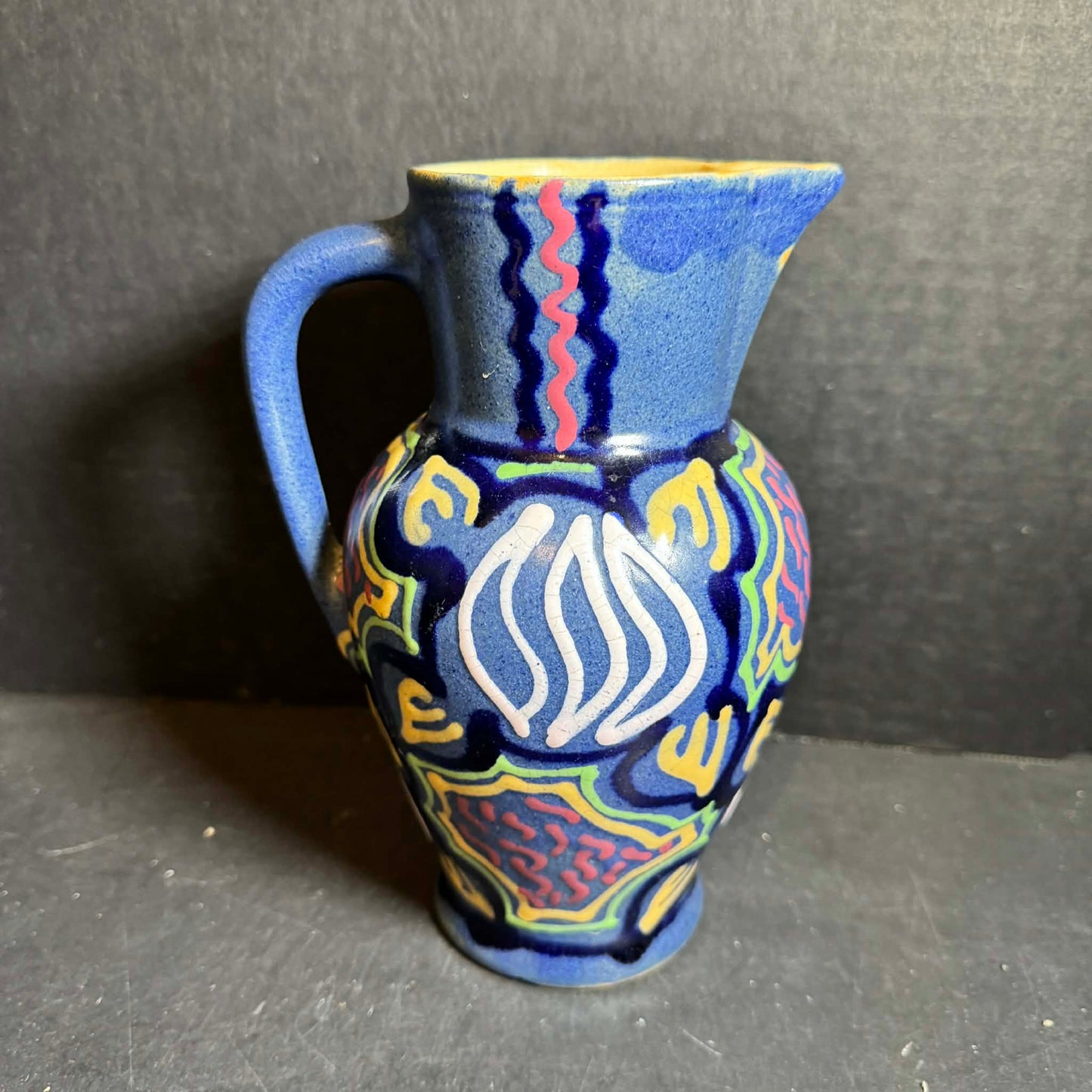 Vibrant Carl Gebauer? Blue Pottery Pitcher with Multicolor Accents [Item 0249]
