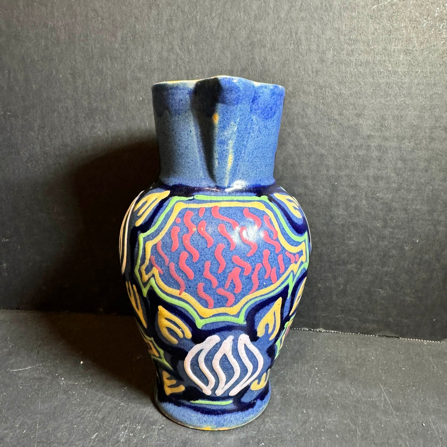 Vibrant Carl Gebauer? Blue Pottery Pitcher with Multicolor Accents [Item 0249]