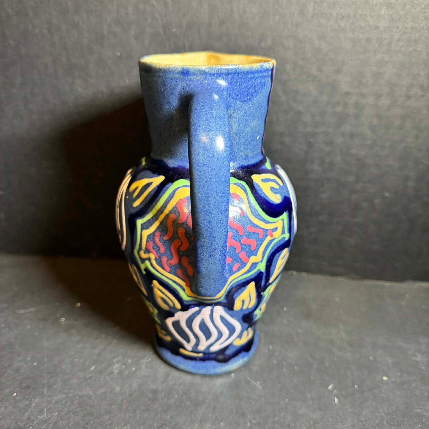Vibrant Carl Gebauer? Blue Pottery Pitcher with Multicolor Accents [Item 0249]
