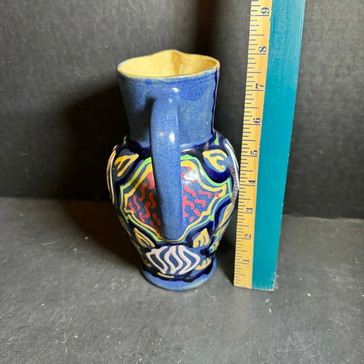 Vibrant Carl Gebauer? Blue Pottery Pitcher with Multicolor Accents [Item 0249]