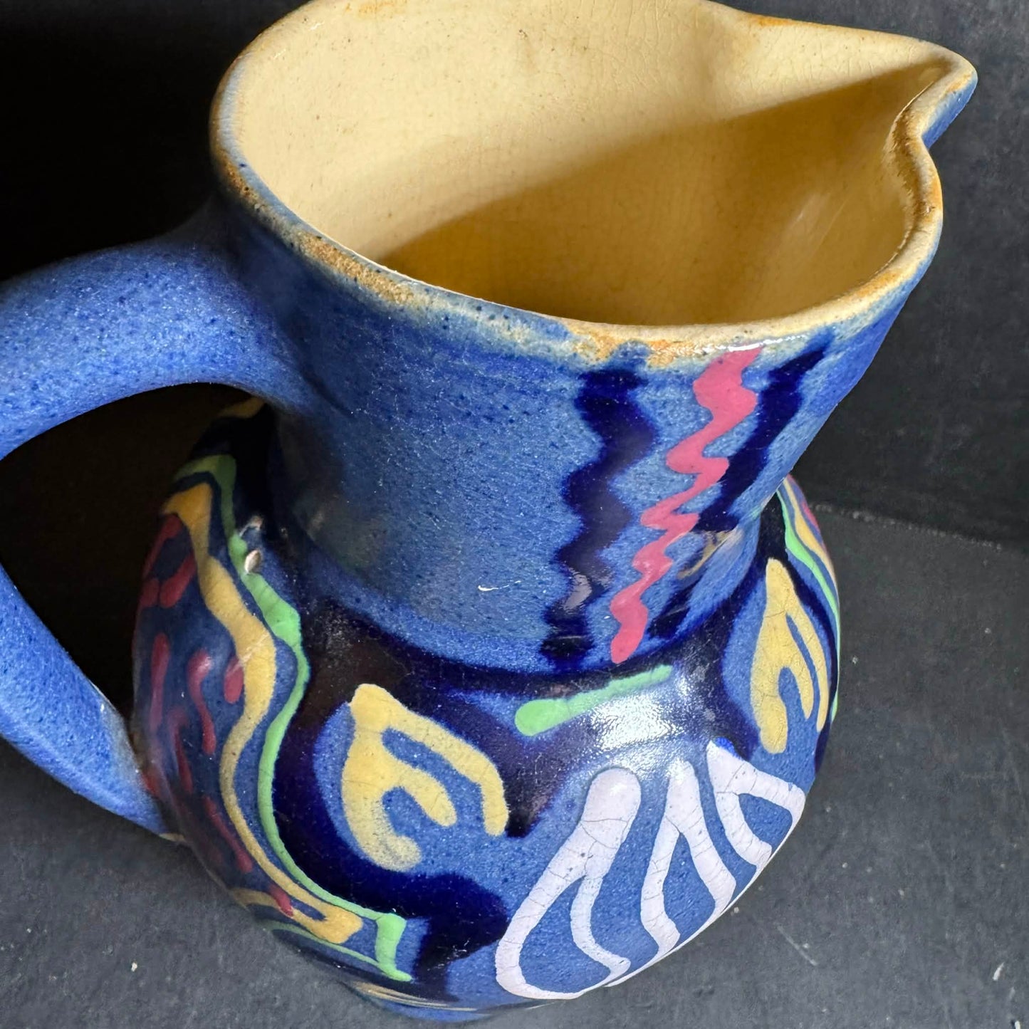 Vibrant Carl Gebauer? Blue Pottery Pitcher with Multicolor Accents [Item 0249]