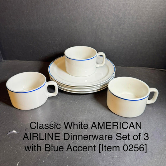 Classic White AMERICAN AIRLINE Dinnerware Set of 3 with Blue Accent [Item 0256]