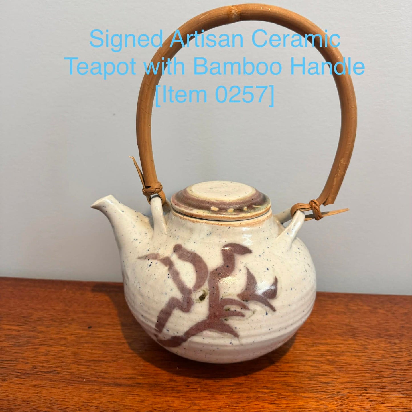 Signed Artisan Ceramic Teapot with Bamboo Handle [Item 0257]