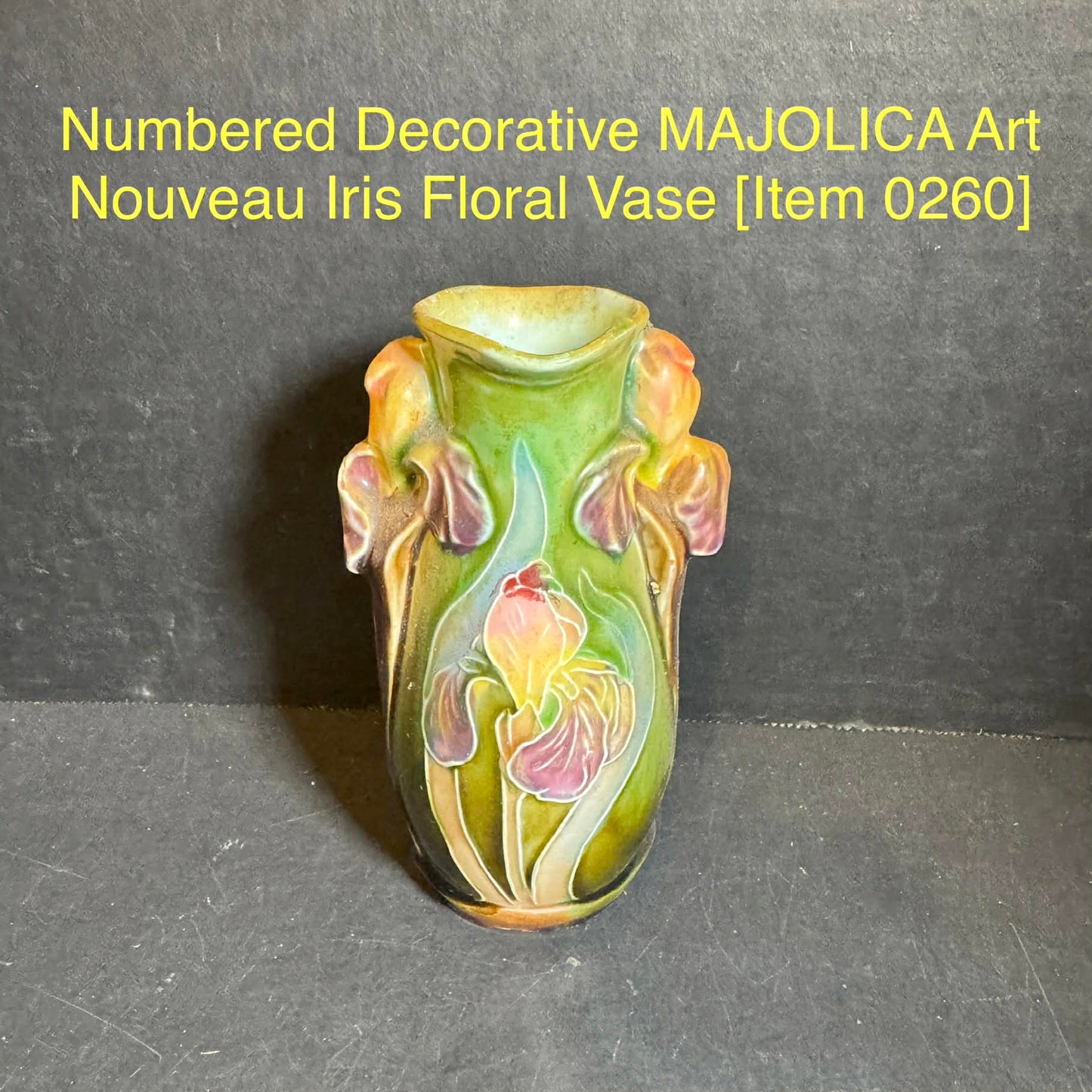 Numbered Decorative MAJOLICA Art Nouveau Iris Floral Vase [Item 0260]