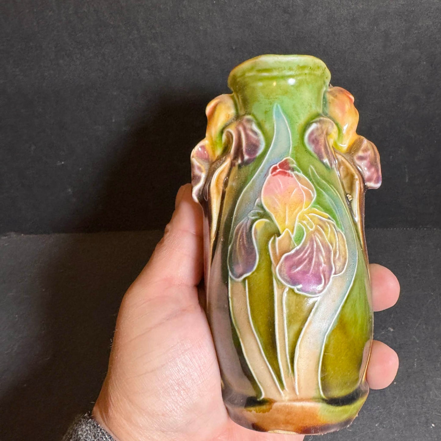 Numbered Decorative MAJOLICA Art Nouveau Iris Floral Vase [Item 0260]