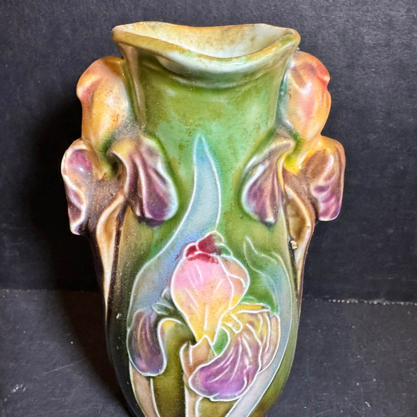 Numbered Decorative MAJOLICA Art Nouveau Iris Floral Vase [Item 0260]