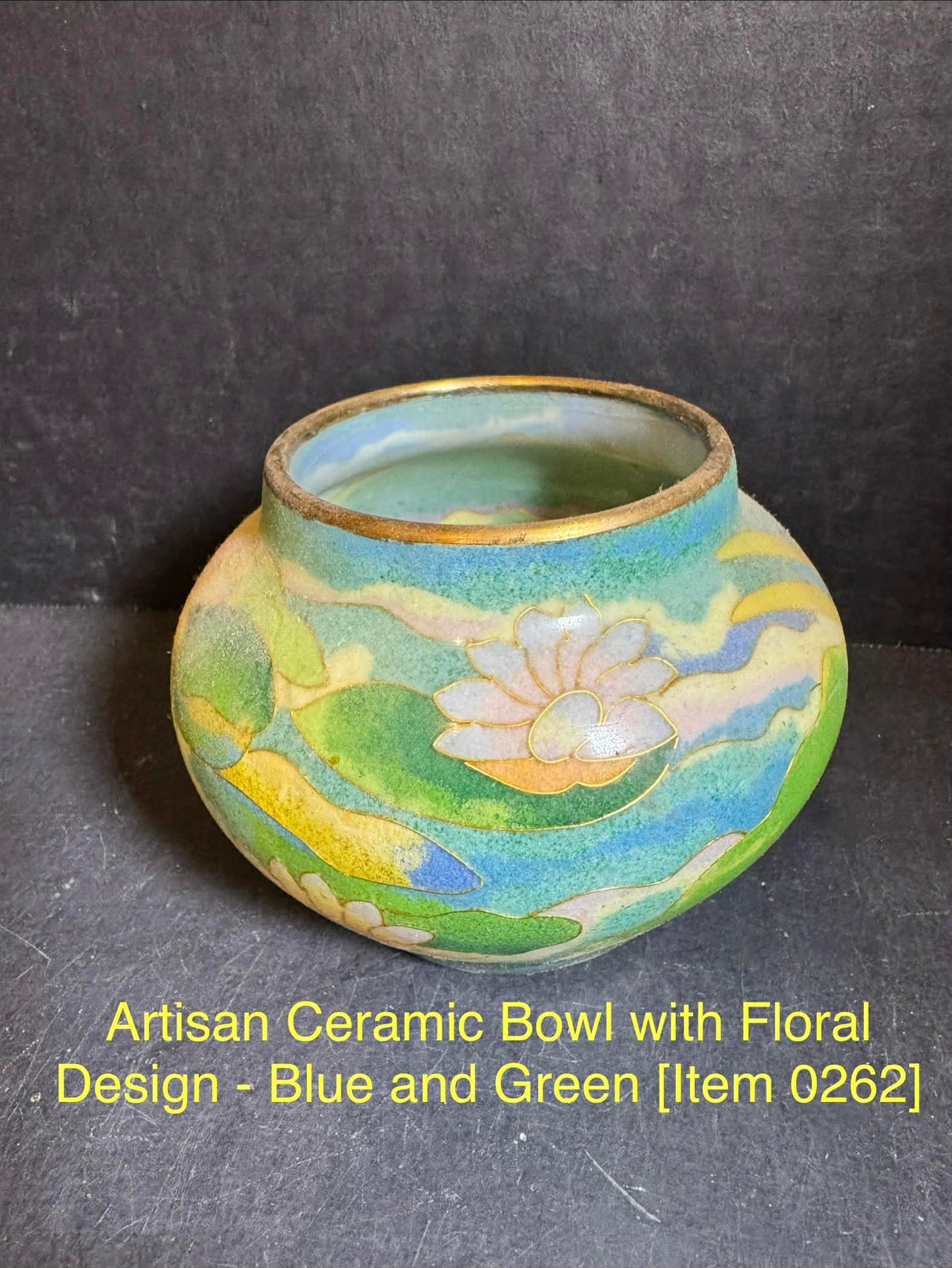 Artisan Ceramic Bowl with Floral Design - Blue and Green [Item 0262]