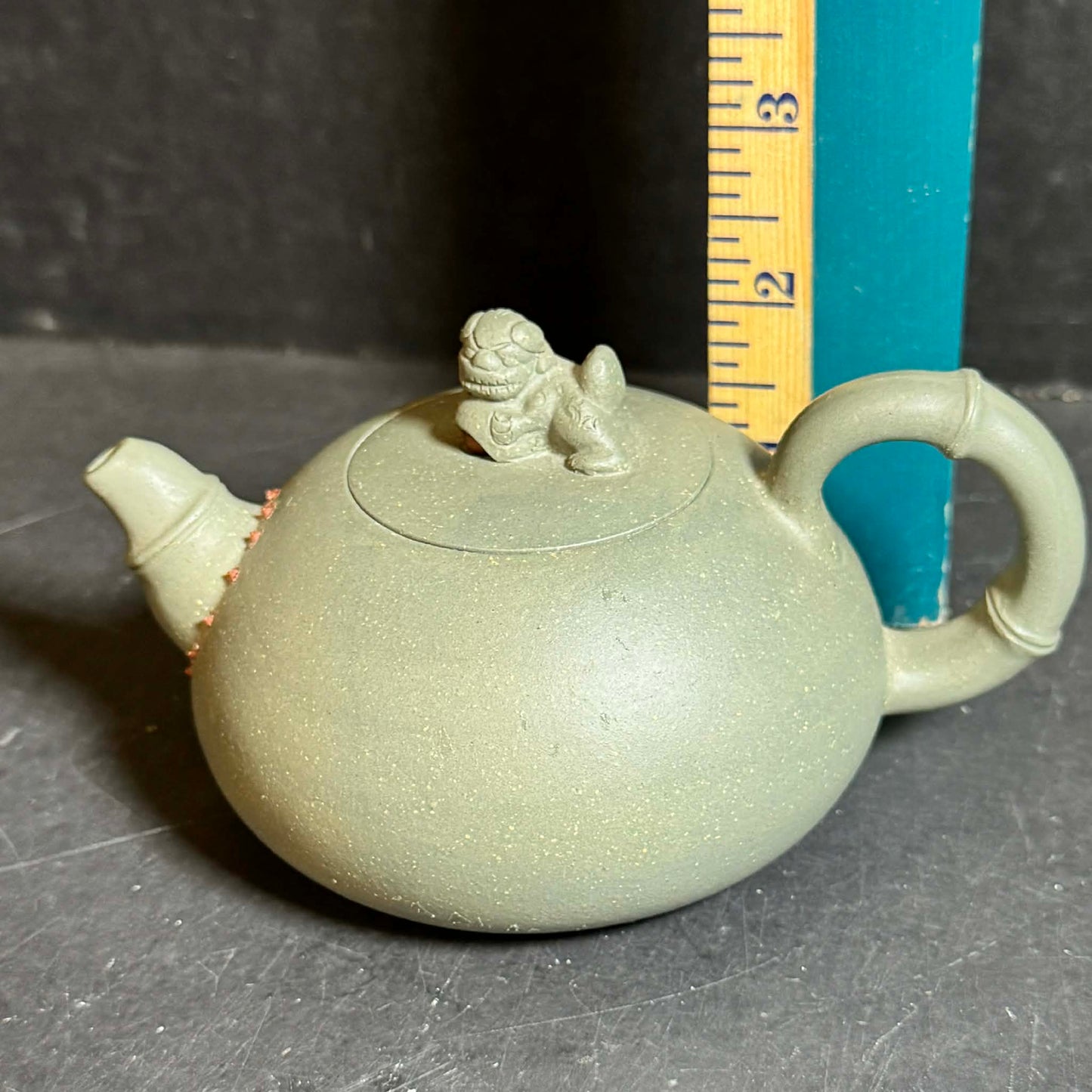 Artistic Green Yixing Clay Teapot with Foo Dog Topper [Item 0266]