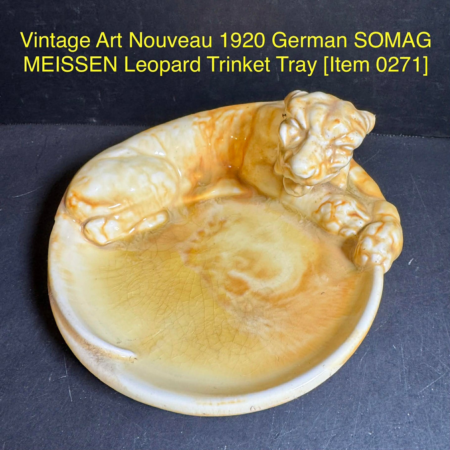 Vintage Art Nouveau 1920 German SOMAG MEISSEN Leopard Trinket Tray [Item 0271]