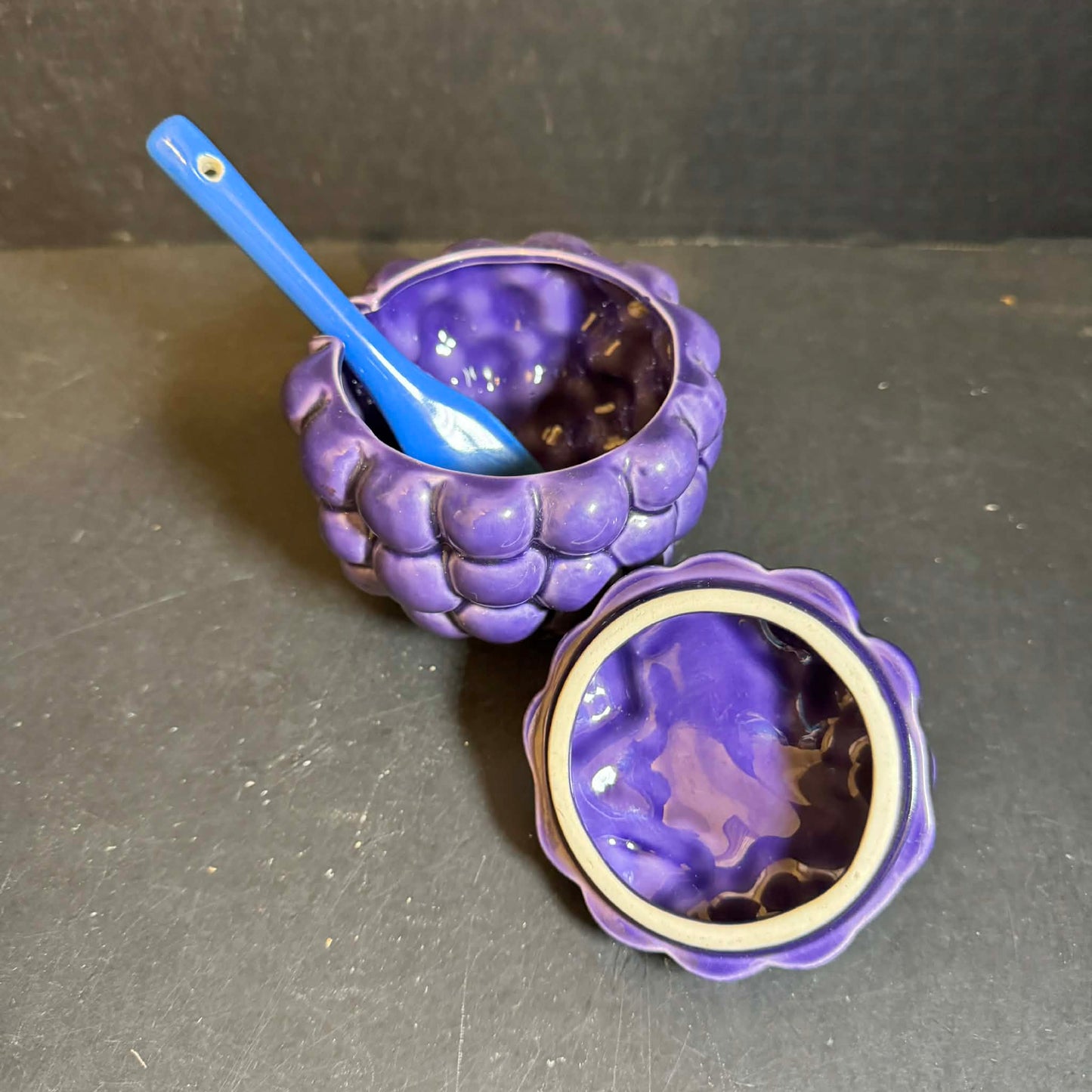 Vibrant Purple Grape Ceramic Jar with Spoon [Item 0298]