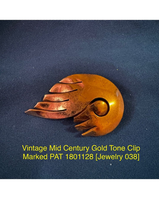 Vintage Mid Century Gold Tone Clip Marked PAT 1801128 [Jewelry 038]