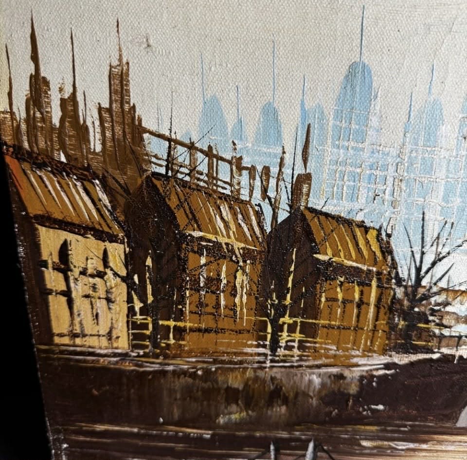 Quaint Canal Side Town Painted on Canvas with Boardback Mount by "Brian" [064]