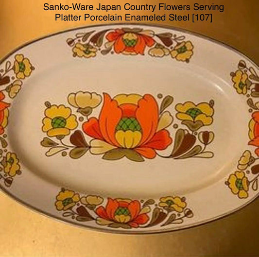 Sanko-Ware Japan Country Flowers Serving Platter Porcelain Enameled Steel [107]
