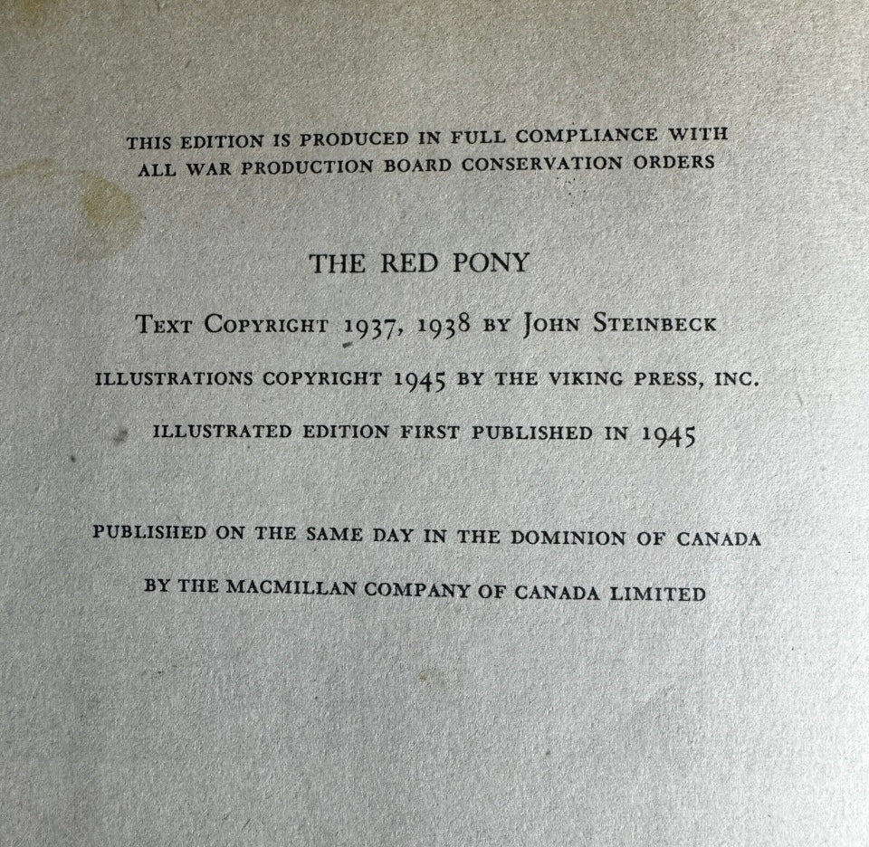 John Steinbeck The Red Pony HC 1st Ed Book Watercolors by W Dennis 1945 [191]
