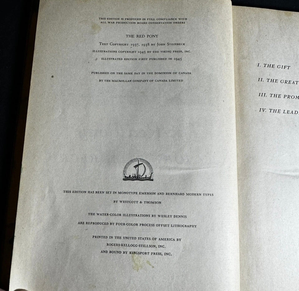 John Steinbeck The Red Pony HC 1st Ed Book Watercolors by W Dennis 1945 [191]