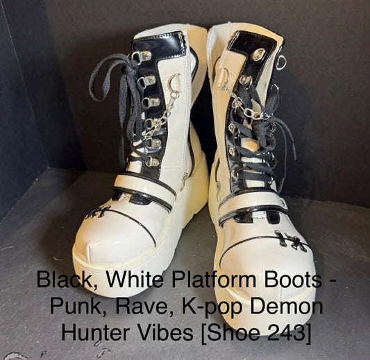 Black, White Platform Boots - Punk, Rave, K-pop Demon Hunter Vibes [Shoe 243]