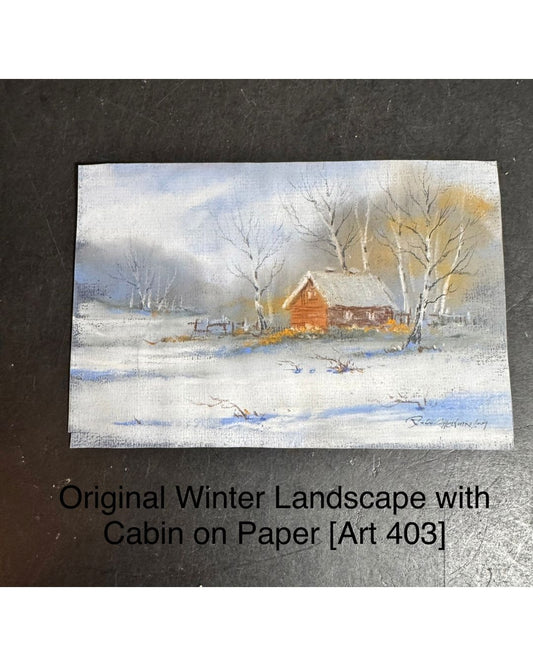 Original Winter Landscape with Cabin on Paper [Art 403]