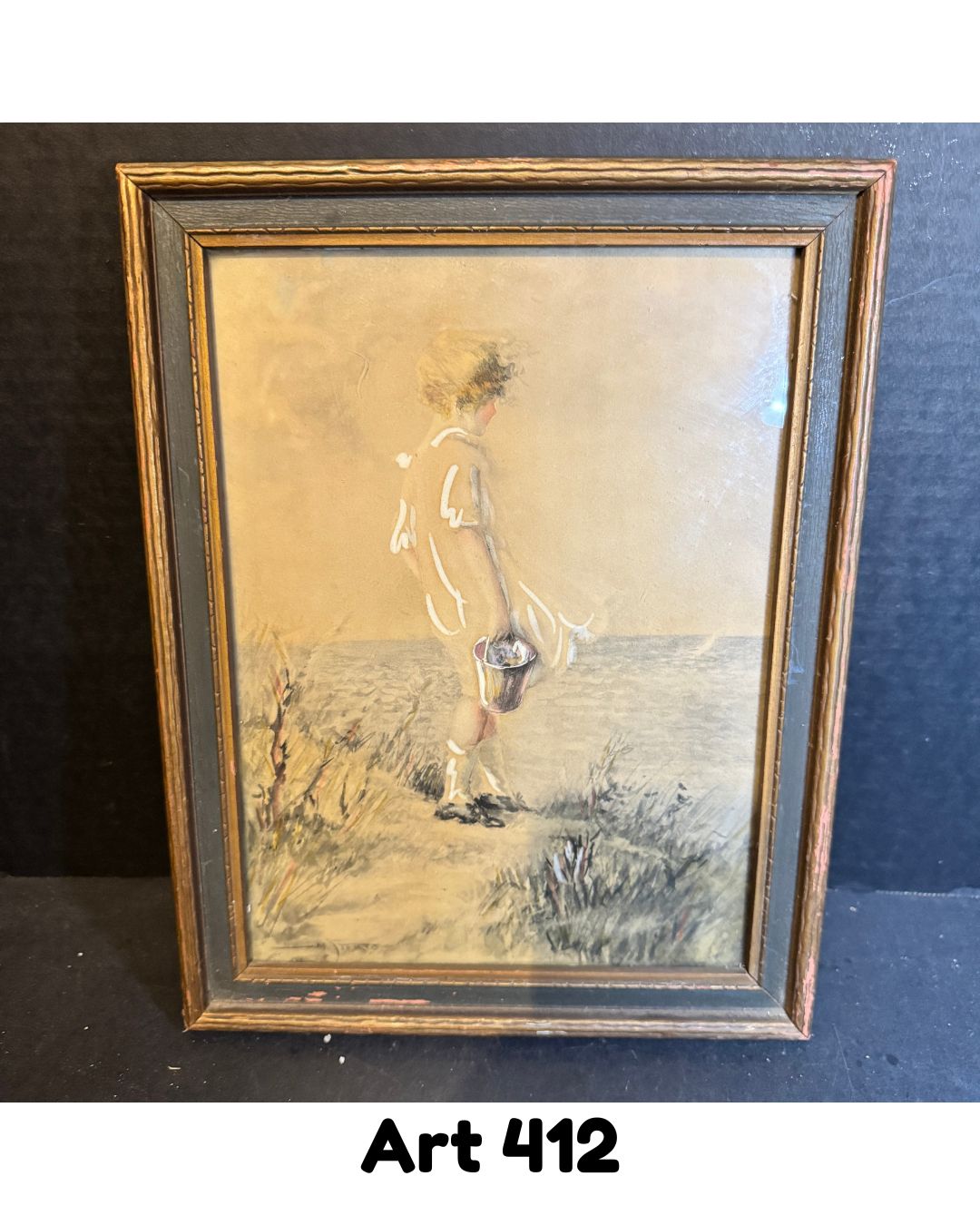Enchanting "Sunbeam" French Framed Vintage Beach Scene with Girl Painting [412]