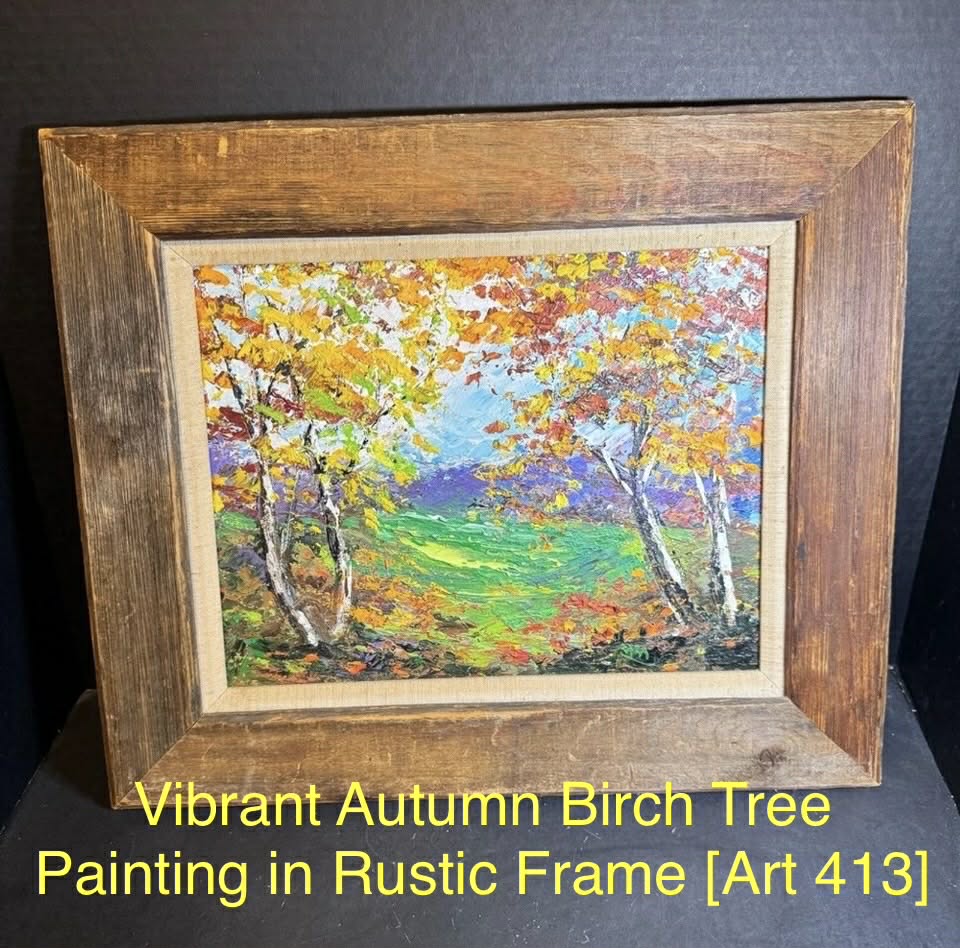 Vibrant Autumn Birch Tree Painting in Rustic Frame [Art 413]