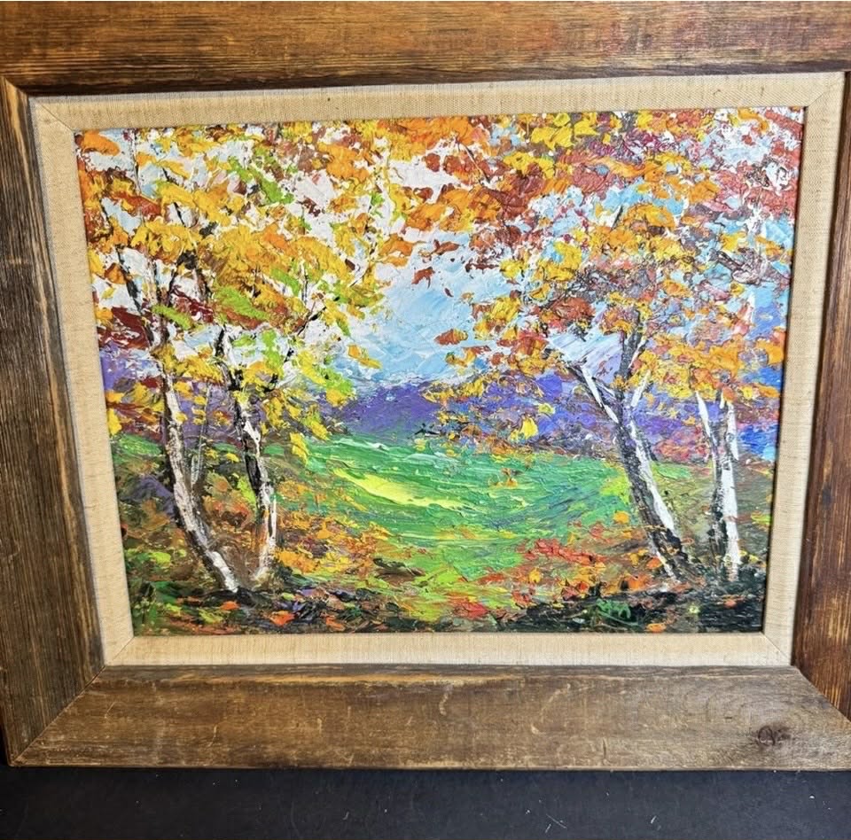 Vibrant Autumn Birch Tree Painting in Rustic Frame [Art 413]