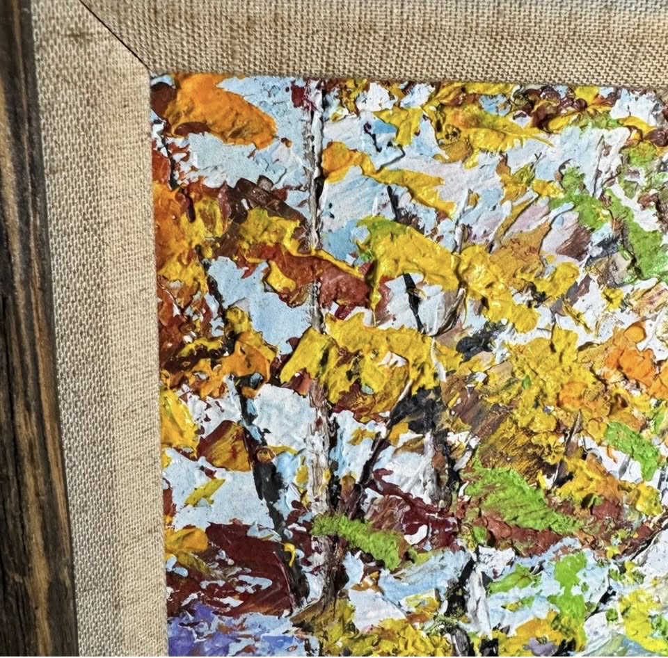 Vibrant Autumn Birch Tree Painting in Rustic Frame [Art 413]