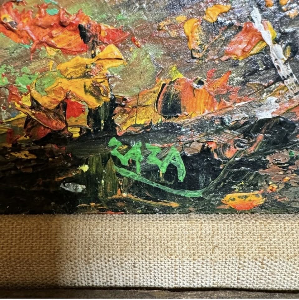 Vibrant Autumn Birch Tree Painting in Rustic Frame [Art 413]