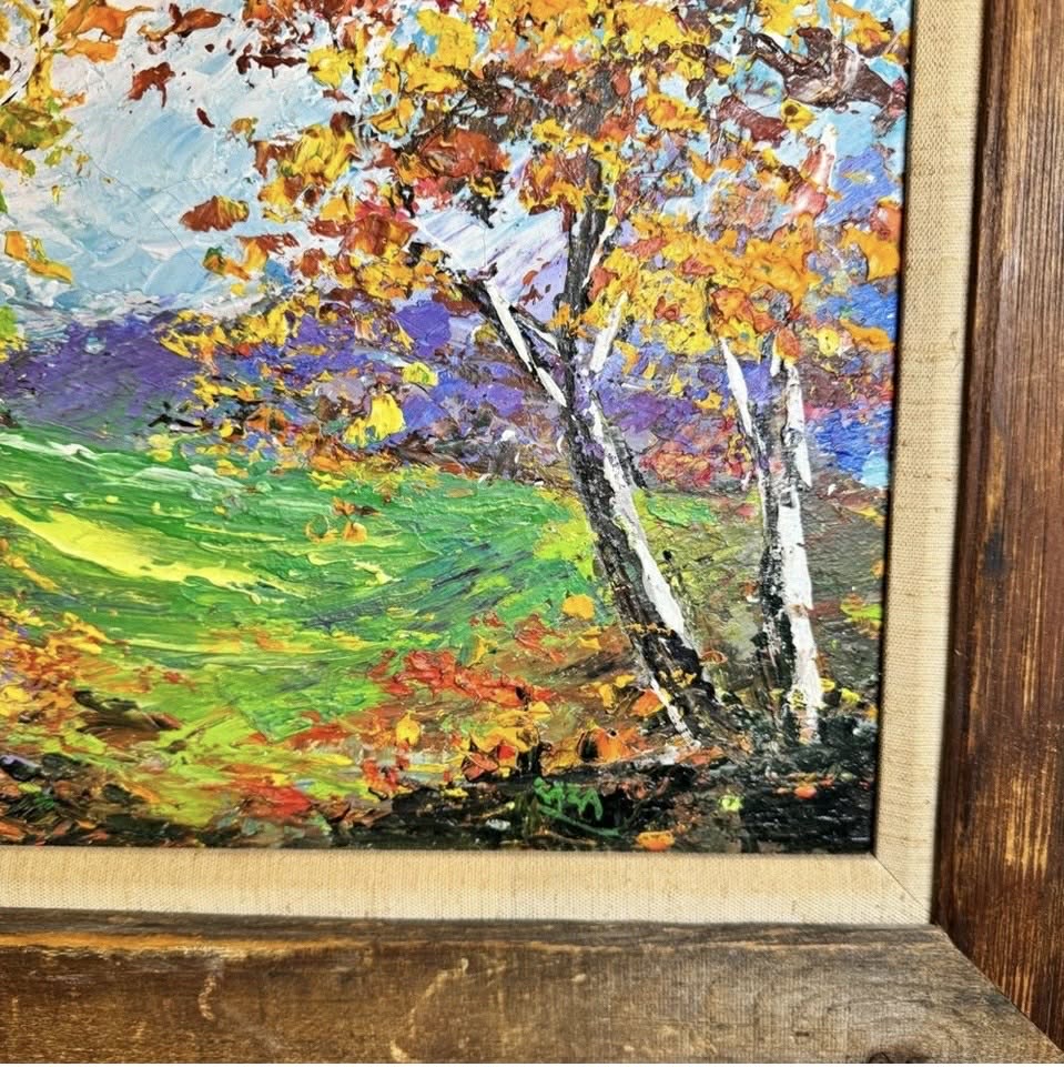 Vibrant Autumn Birch Tree Painting in Rustic Frame [Art 413]