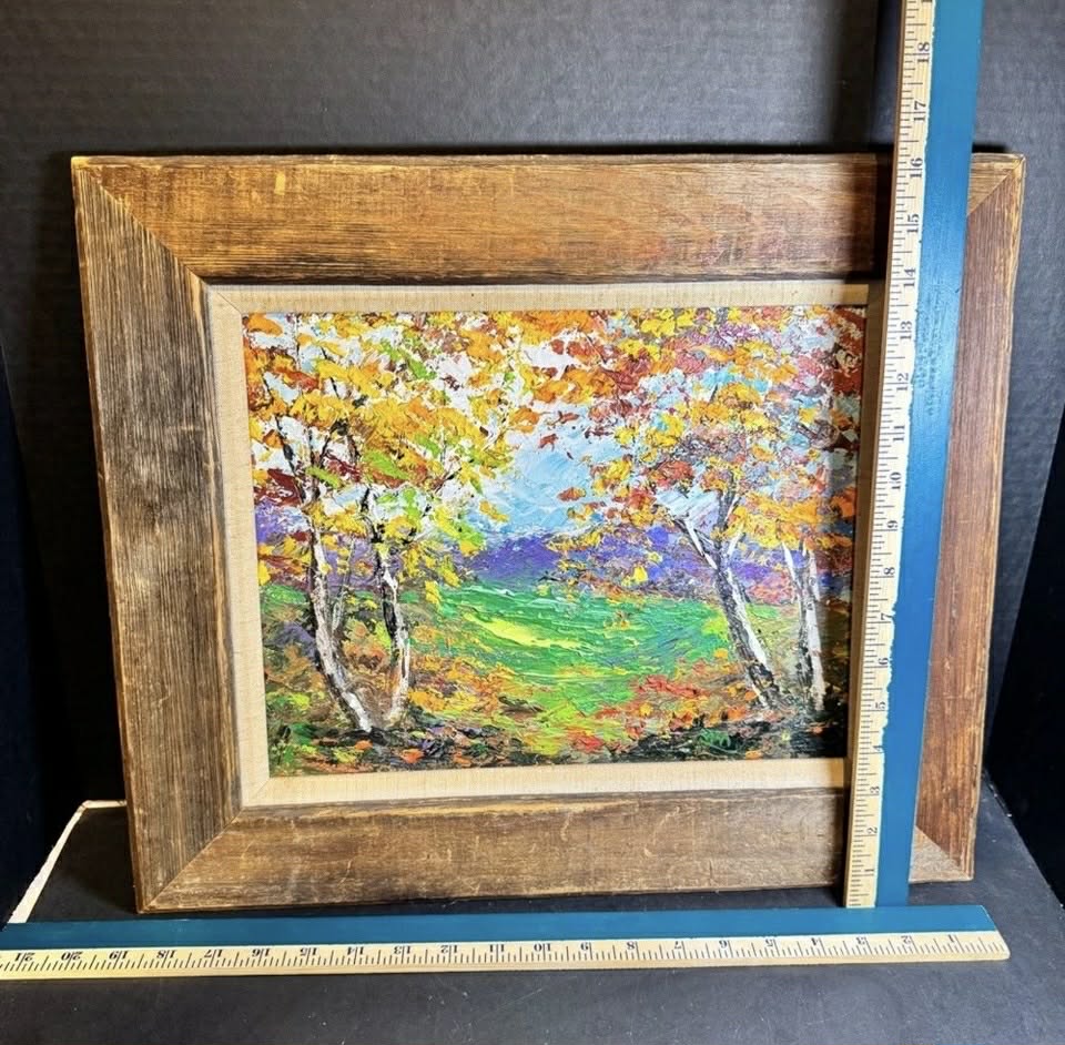 Vibrant Autumn Birch Tree Painting in Rustic Frame [Art 413]