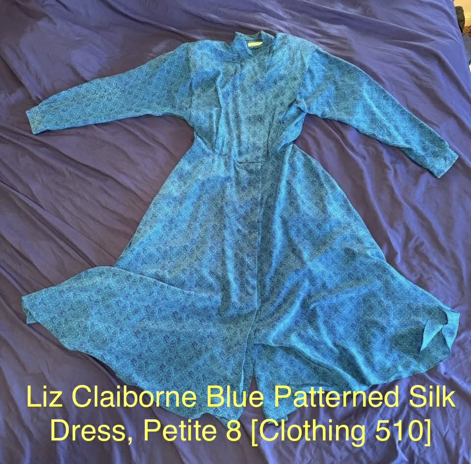 Liz Claiborne Blue Patterned Silk Dress, Petite 8 [Clothing 510]