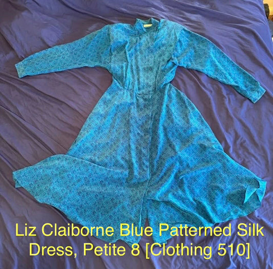Liz Claiborne Blue Patterned Silk Dress, Petite 8 [Clothing 510]