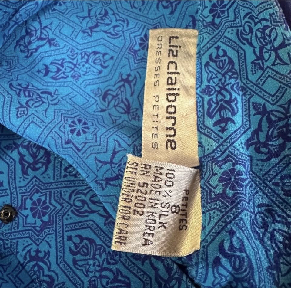 Liz Claiborne Blue Patterned Silk Dress, Petite 8 [Clothing 510]