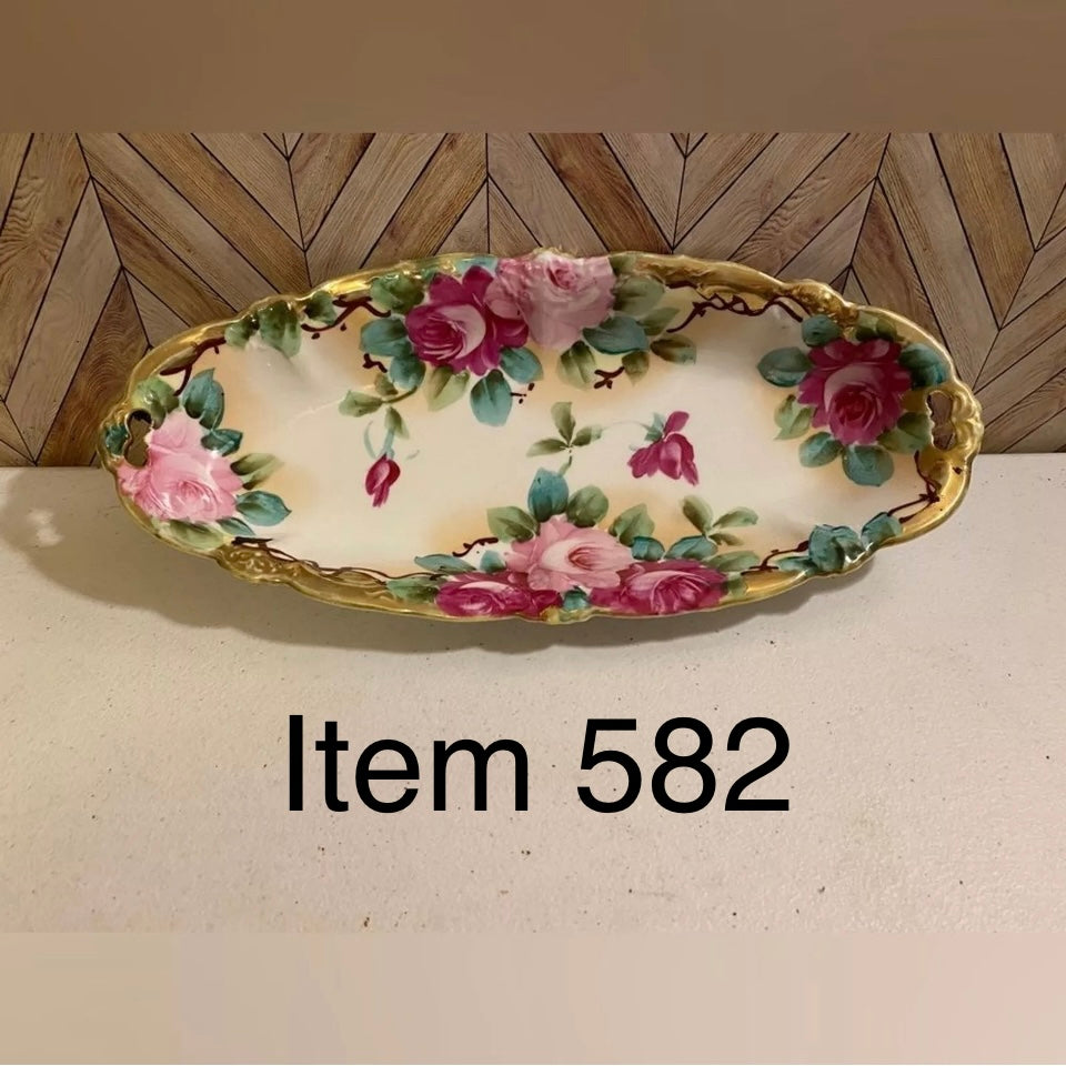 Long Vintage Pink Floral Dish with Gilded Edging [Item 582]