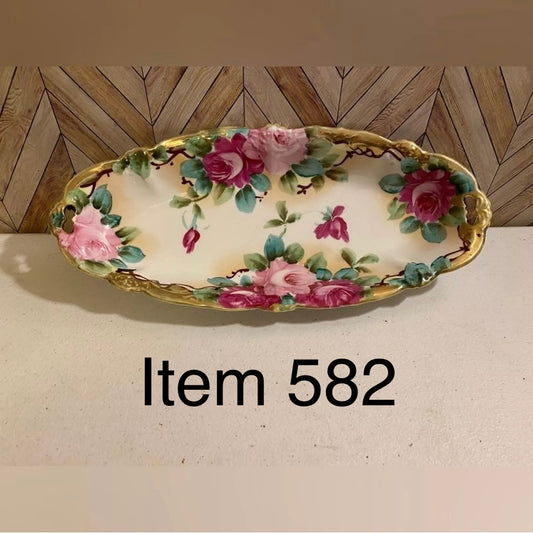 Long Vintage Pink Floral Dish with Gilded Edging [Item 582]