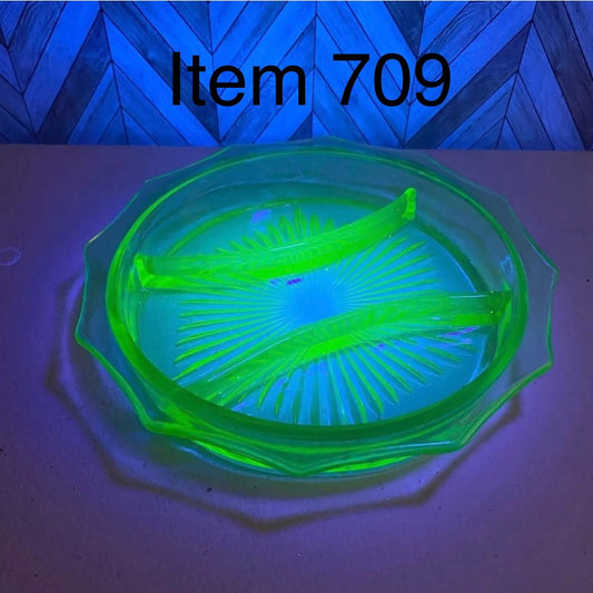Green Glow Depression Glass 3 Way Divided Relish Dish Serving Bowl [Item 709]