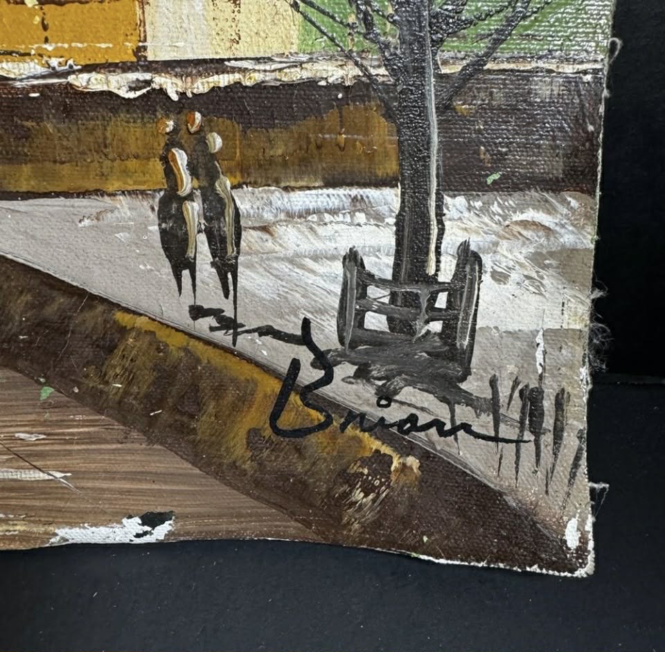 Quaint Canal Side Town Painted on Canvas with Boardback Mount by "Brian" [064]