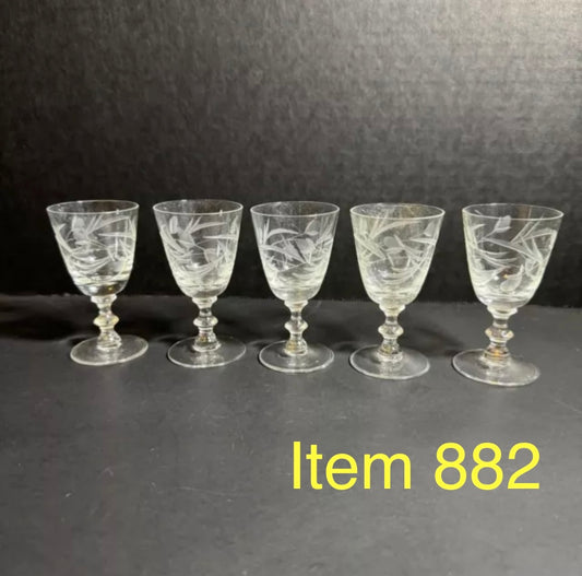 Five Small Vintage Etched Liquor Glasses [Item 882]