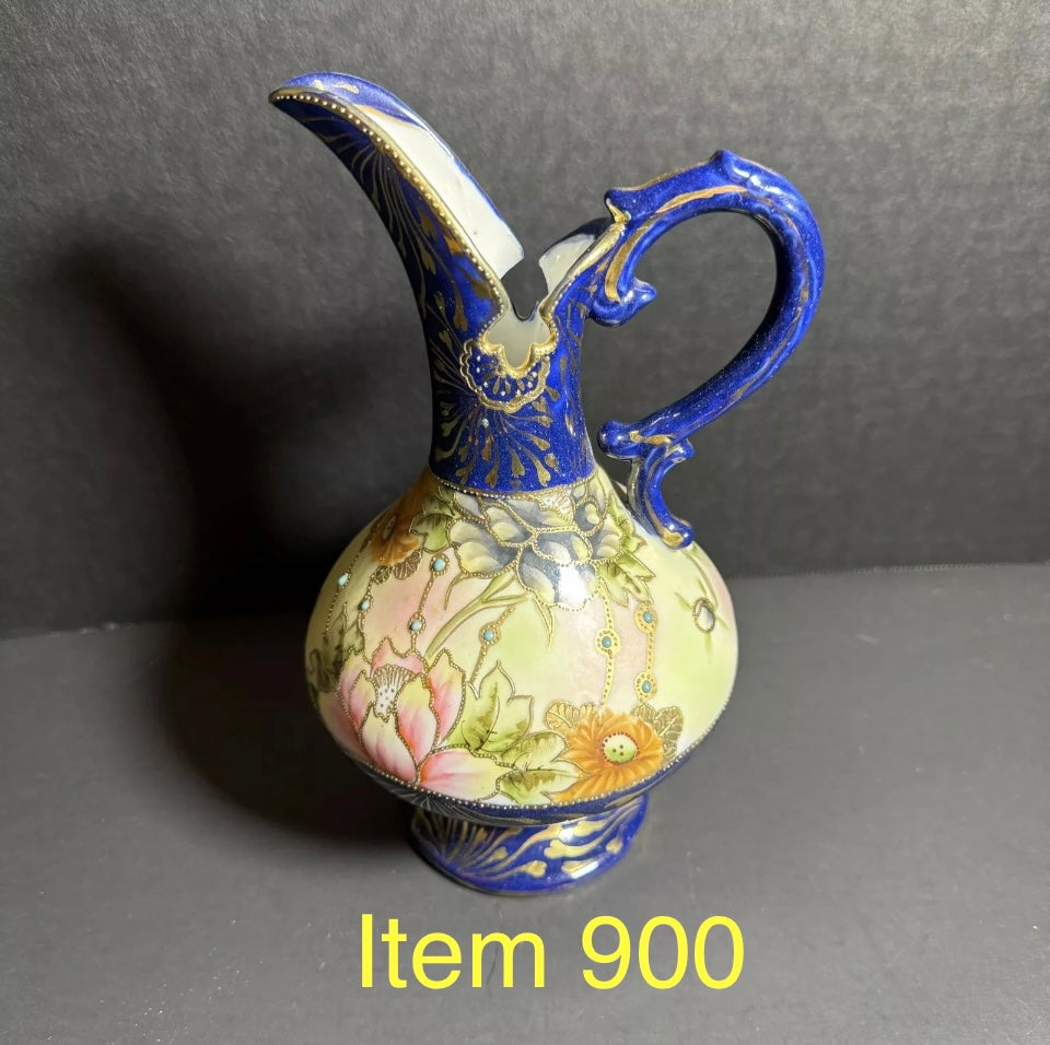 Detailed Japanese Gilded Closanet Hand Painted Blue Pitcher [Item 900]