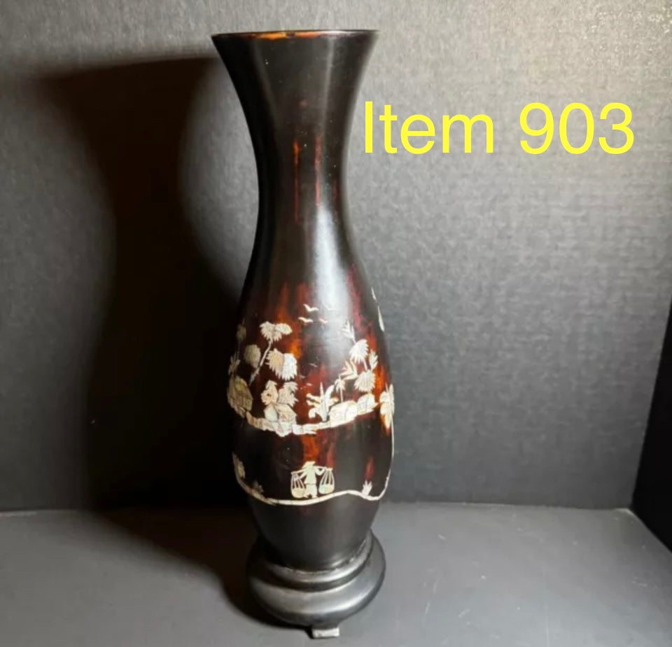 Wooden Oriental Alalone Shell In Lay Vase [Item 903]